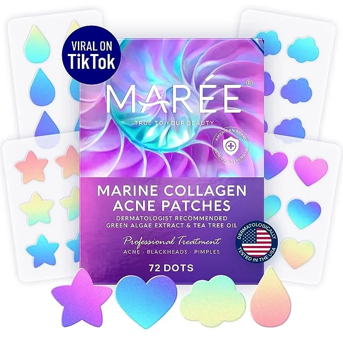 MAREE Acne Patches - Pimple Patches for Face and Skin with Green Algae Extract & Tea Tree Oil for Hydrocolloid Acne Treatment - Cover and Reduce Zits, Blemishes, Spots - 72 Dots