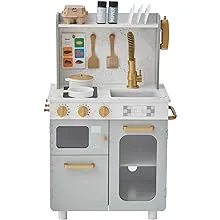 Teamson Kids Little Chef Memphis Wooden Play Kitchen with Interactive, Realistic Features, and 16 Kitchen Accessories for 3yrs and up, Light Oak/Faux White Marble/Gold