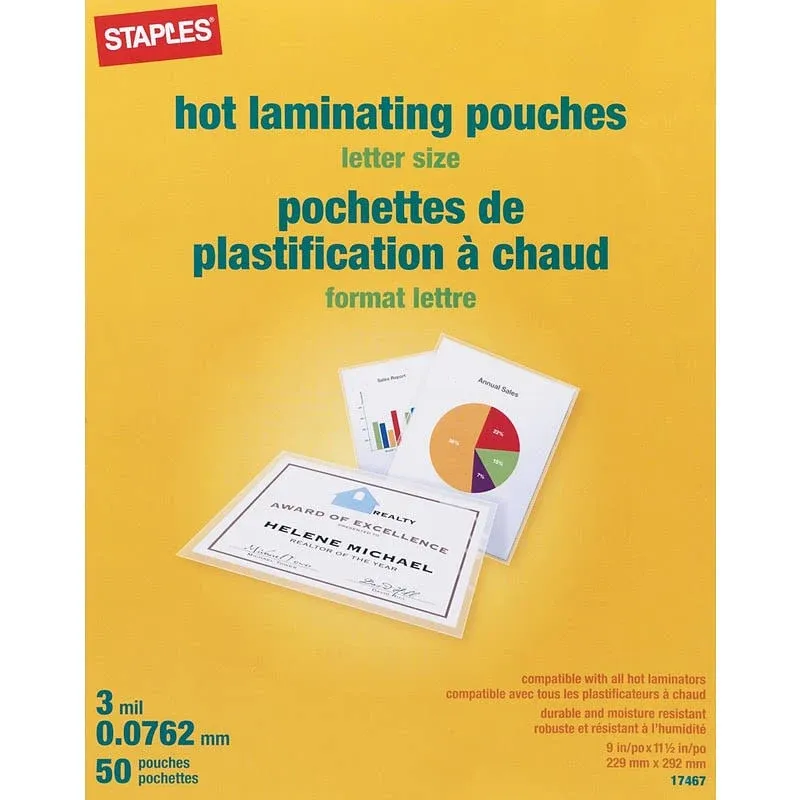 Staples 677045 3 Mil Thermal Laminating Pouches Letter Size 50 Pack