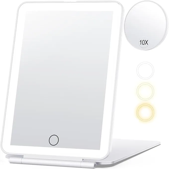 Rechargeable Makeup Mirror for Travel, Vanity Mirror Touch Dimming with 10X Magnifying Mirror, 3 Color Light 80Led, 2000mAh Battery, Portable Ultra Slim Folding Lighted Makeup Mirror, Travel Essential