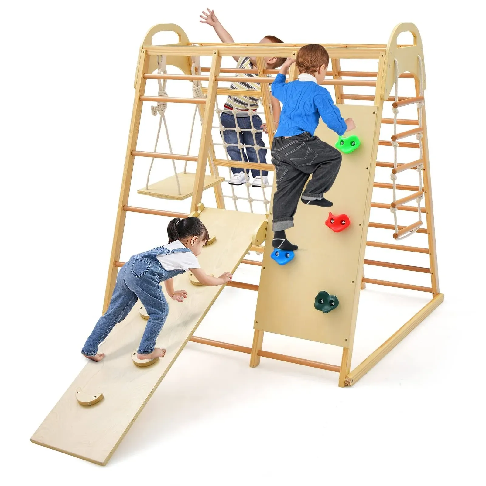 INFANS 8 in 1 Climbing Toys for Toddlers, Kids Wood Montessori Climber Playset, Indoor Playground Jungle Gym