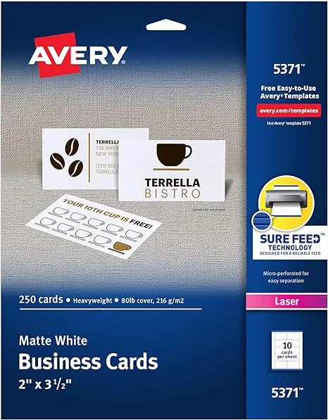 Avery Printable Business Cards with Sure Feed Technology, 2" x 3.5", White, 250 Blank Cards for Laser Printers (05371)