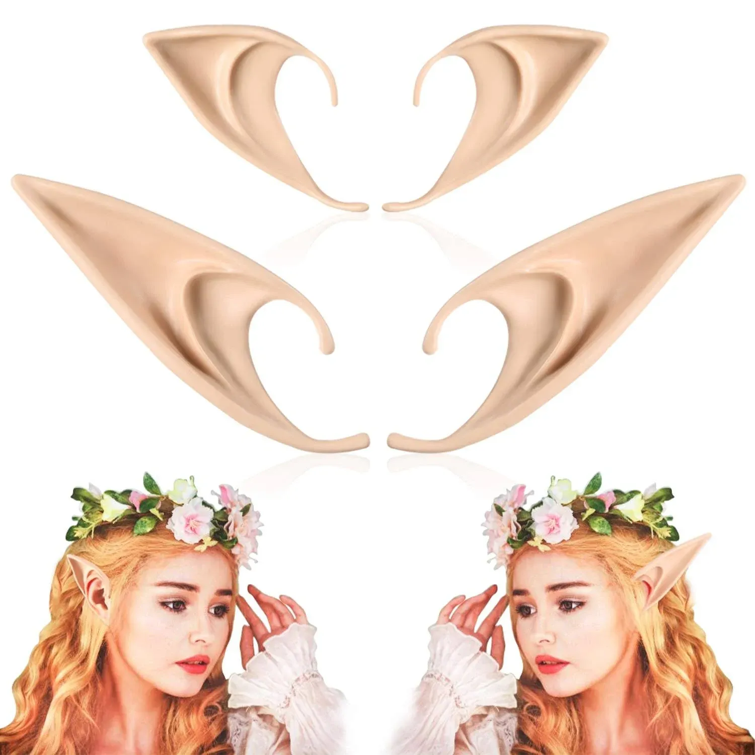 2 Pairs Elf Ears - Medium and Long Style Cosplay Fairy Pixie Elf Ears Soft Po...