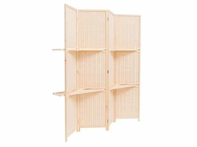 Freestanding Wood Frame Woven Bamboo 4 Panels Hinged Privacy Panel Screen Partition Wall with 2 Display Shelves Holding Room Divider with.