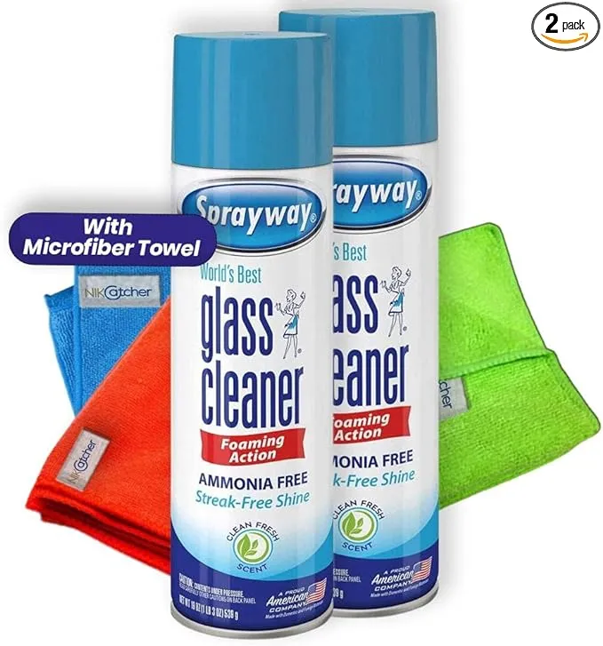 NikCatcher Bundle: Sprayway Glass Cleaner Bundle with NikCatcher Microfiber Cleaning Cloth Towels - Pack of 2 Foam Spray Cans and 3-Pack 16x16" 400 GSM Towels