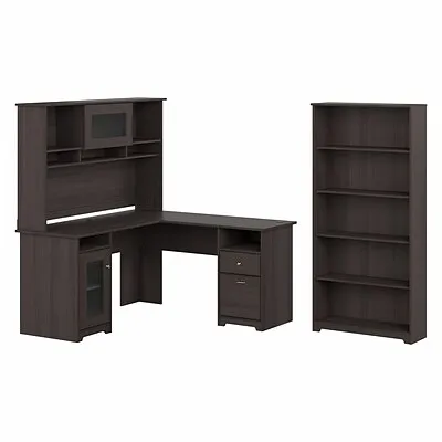 Bush Furniture Cabot 60W L Shaped Computer Desk with Hutch and 5 Shelf Bookcase White