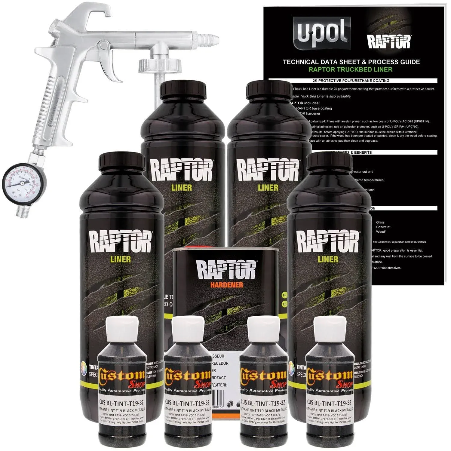 U-POL Raptor Black Metallic Urethane Spray-On Truck Bed Liner Kit w/ Free Spray Gun, 4 Liters