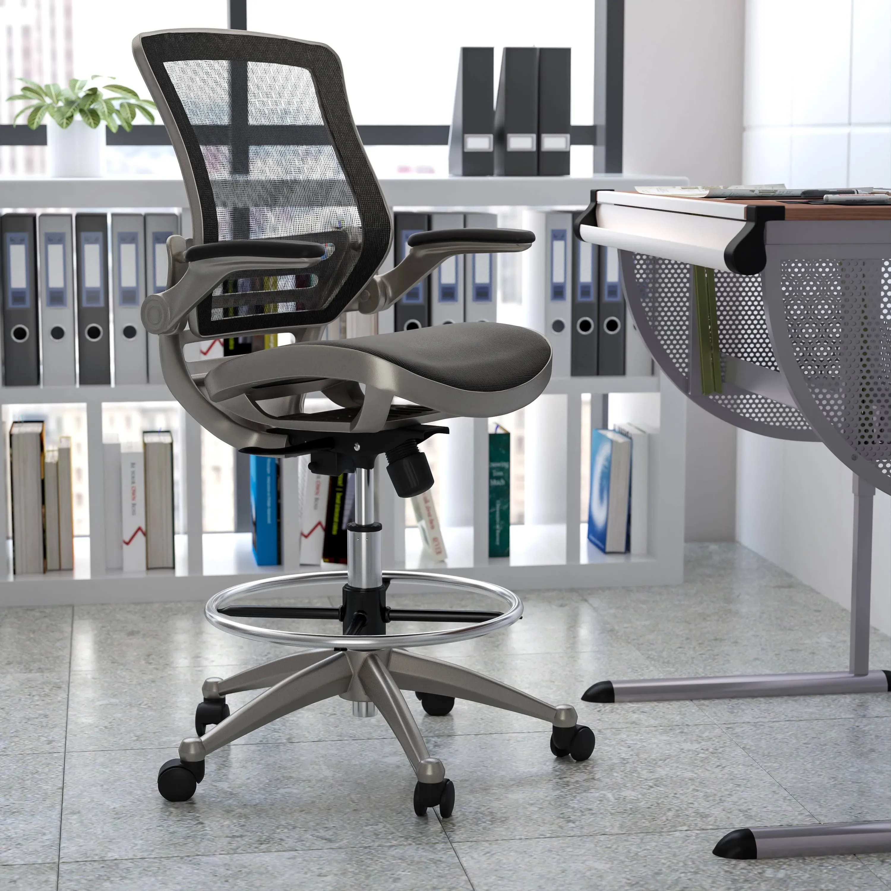 Flash Furniture Waylon Mid-Back Transparent Black Mesh Drafting Chair with Graphite Silver Frame and Flip-Up Arms