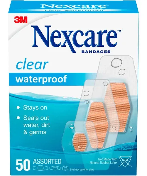 Nexcare Waterproof Clear Bandages Assorted Sizes, 50 Bandages