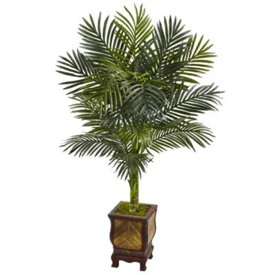 African Adventure 4.5Ft. Golden Cane Palm Artificial Tree in Wooden Decorated Planter