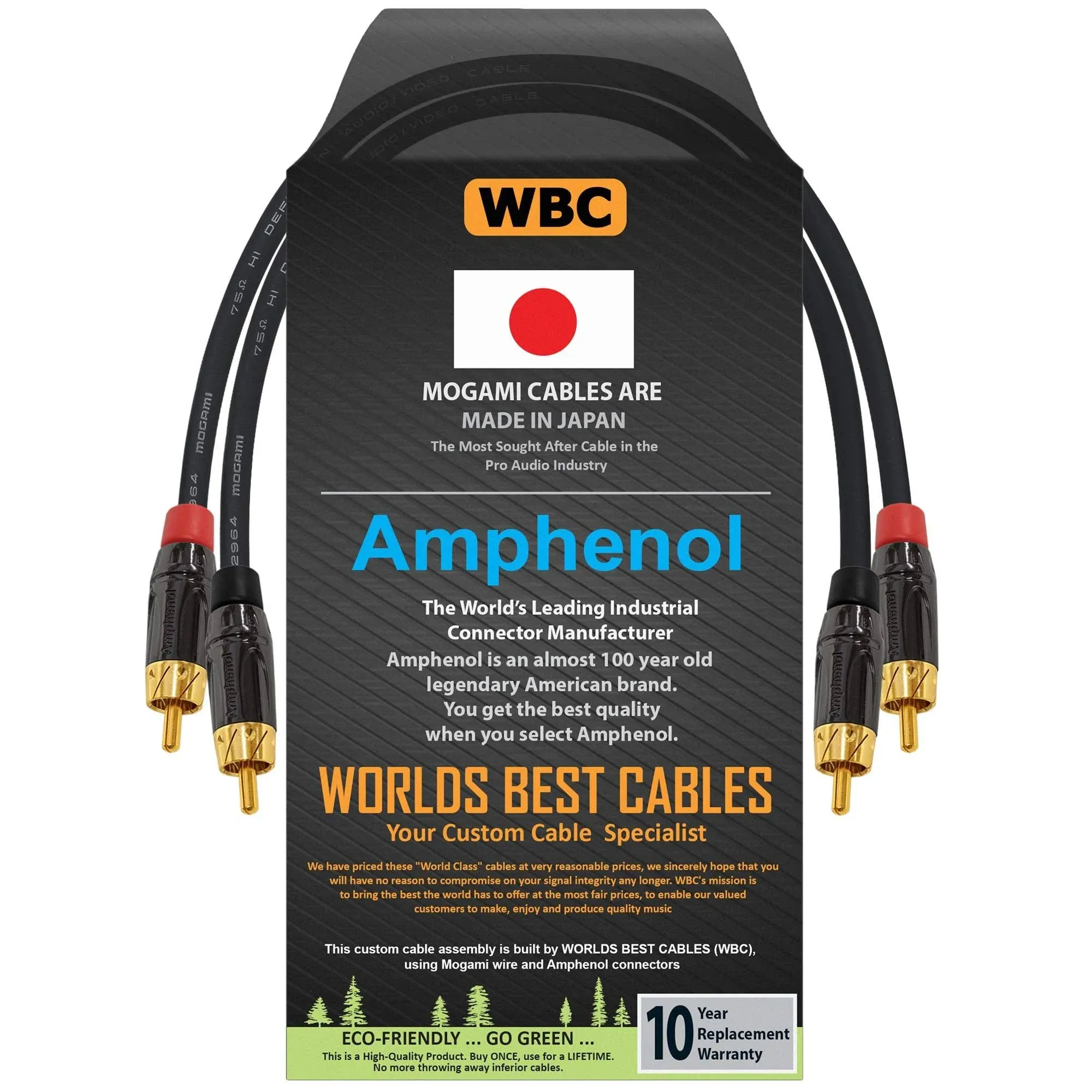 WORLDS BEST CABLES 1.5 Foot – High-Definition Audio Interconnect Cable Pair Custom Made Using Mogami 2964 Wire and Amphenol ACPL Black Chrome Body, Gold Plated RCA Connectors