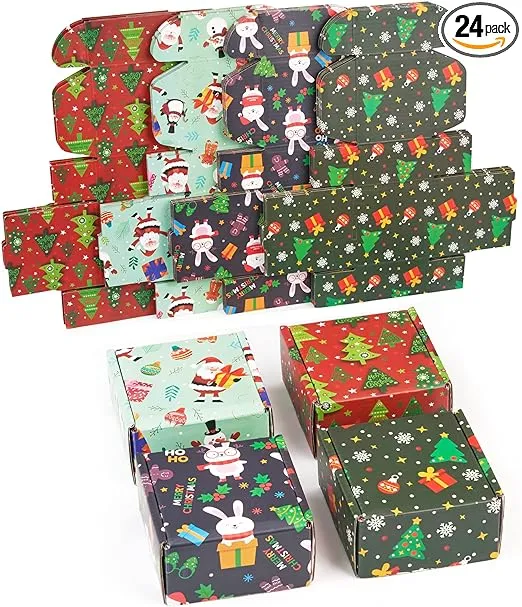 soxuding Small Christmas Gift Boxes With Lids, 24 Pack 4x4x2 Inch Christmas Shipping Boxes, Recyclable Cardboard Corrugated Mailer Gift Boxes For Small Business (Xmas Mix Pattern Of 24 Pcs)