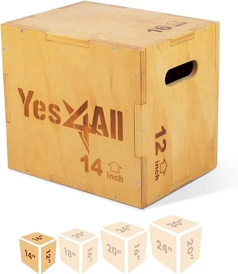 Yes4All 3-in-1 Wooden Plyo Box, for HIIT Workout, Three Different Height, 16" 14" 12", Natural Wood