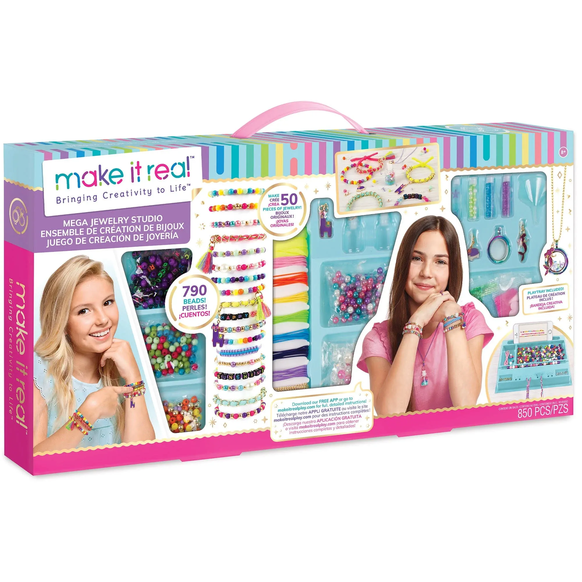 Make It Real - Mega Jewelry Studio - DIY Bead Necklace and Bracelet Making Kit for Tween Girls - Arts and Crafts Kit with Beads and Charms for Unique Jewelry Making - Includes Case