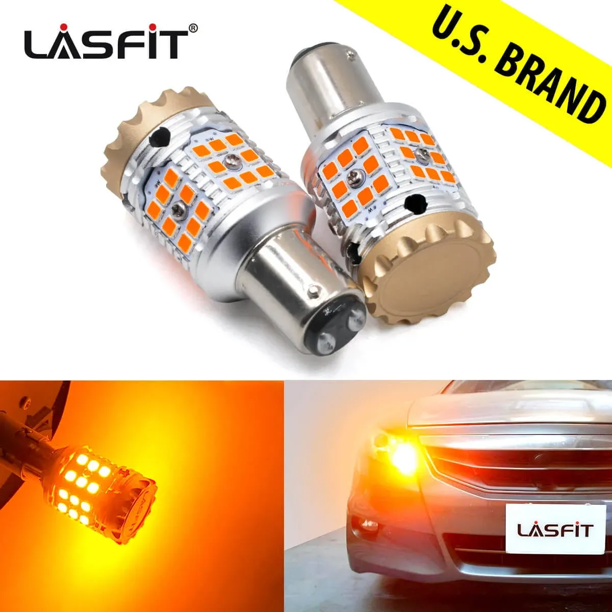 Lasfit 1157 LED Bulb 2357 2357na Canbus Built in Resistor Error Free Anti Hyper Flash LED Turn Signal Light Blinker Bulb Amber Only, Plug & Play