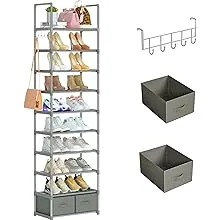 Tall Shoe Rack Narrow 10 Tier Shoes Rack 20 25 Pairs, Shoe Storage Organizer for Closet, Sturdy Metal Shoe Shelf Shoe Stand with 2 Boxes 1 Hook