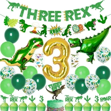 Dinosaur 3rd Birthday Decorations, 3 Rex Birthday Party Supplies - Three Rex Banner, Cake&Cupcake Toppers, Dinosaur Balloons,Temporary Tattoos for Roar I’m 3 Boys Girls Birthday