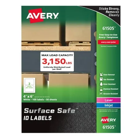 AVERY Surface Safe Durable ID Labels, Removable Adhesive, Water Resistant, 4" x 6", 100 Labels (61505), White