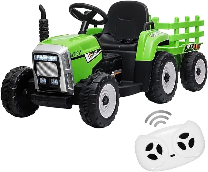 Kids Ride on Tractor with Green Trailer & Remote Control, 12V Toddler Battery Powered Electric Vehicle with Slow Start 7LED Headlights USB Music