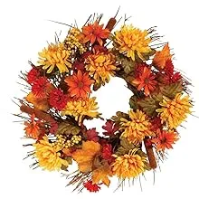 Fall Mum Wreath by OakRidge™, 18” Diameter, Silk Floral Autumn Home Décor for Indoor/Outdoor Use