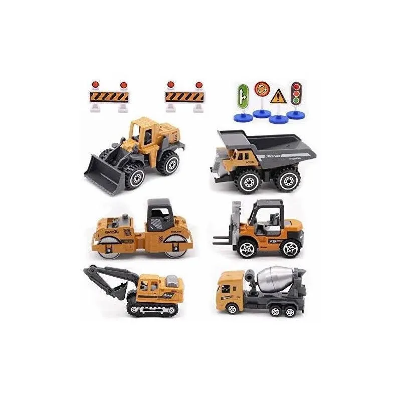 Childom Engineering Vehicle Toys Set Alloy Construction Big Forklift,Single Drum Roller,Stacker/Crane,Helicopter,Excavator,Heavy Duty Truck Mini Toy Set for Kids Boys Girl