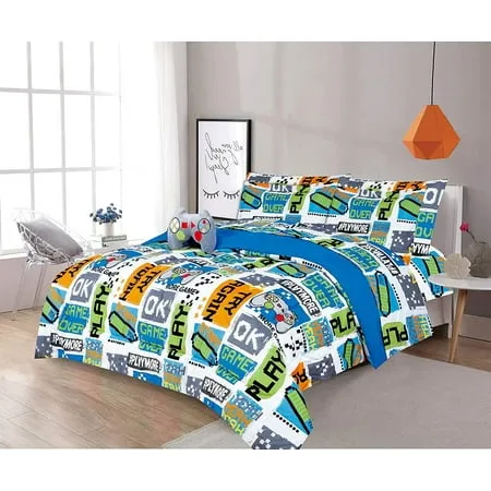 Sapphire Home 6 Piece Twin Size Boys Kids Teens Comforter Set Bed in Bag, Shams, Sheet Set & Decorative Toy Pillow, Kids Comforter Bedding w/Sheets, Video Games Gaming, Blue/Green, 6pc GameSapphire Home 6 Piece Twin Size Boys Kids Teens Comforter Set Bed