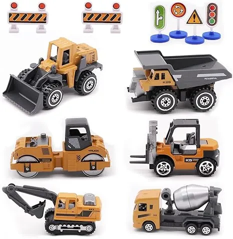 Childom Engineering Vehicle Toys Set Alloy Construction Big Forklift,Single Drum Roller,Stacker/Crane,Helicopter,Excavator,Heavy Duty Truck Mini Toy Set for Kids Boys Girl