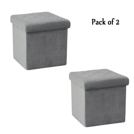 PINPLUS 12.6" Pack of 2 Velvet Ottoman Storage Cube, Folding Toy Chest Box for Bedroom,Footstool Seat for Living Room(Grey)