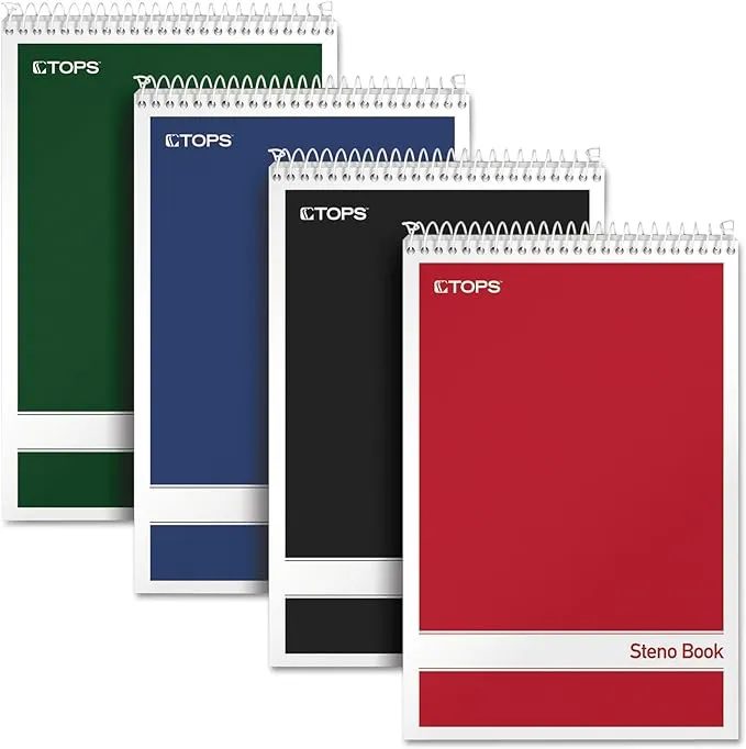 Tops Steno Book, Gregg Rule, Assorted Covers, 6 x 9, 80 White Sheets, 4-Pack