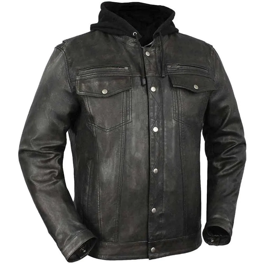 Mens&#039; Motorcycle Hooded Genuine  Leather Jacket