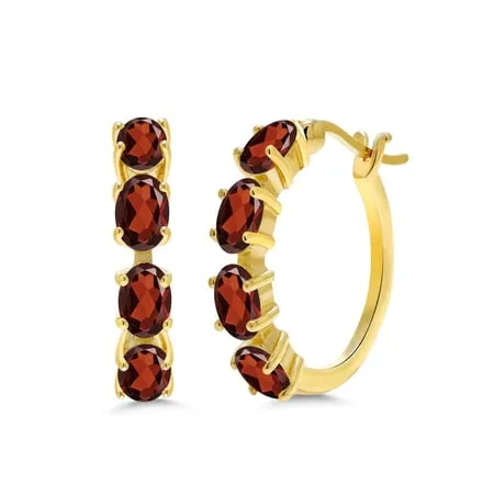 Gem Stone King 18K Yellow Gold Plated Silver Genuine Red Garnet Hoop Earrings For Women (4.00 Cttw Gemstone Birthstone Oval 6X4MM)