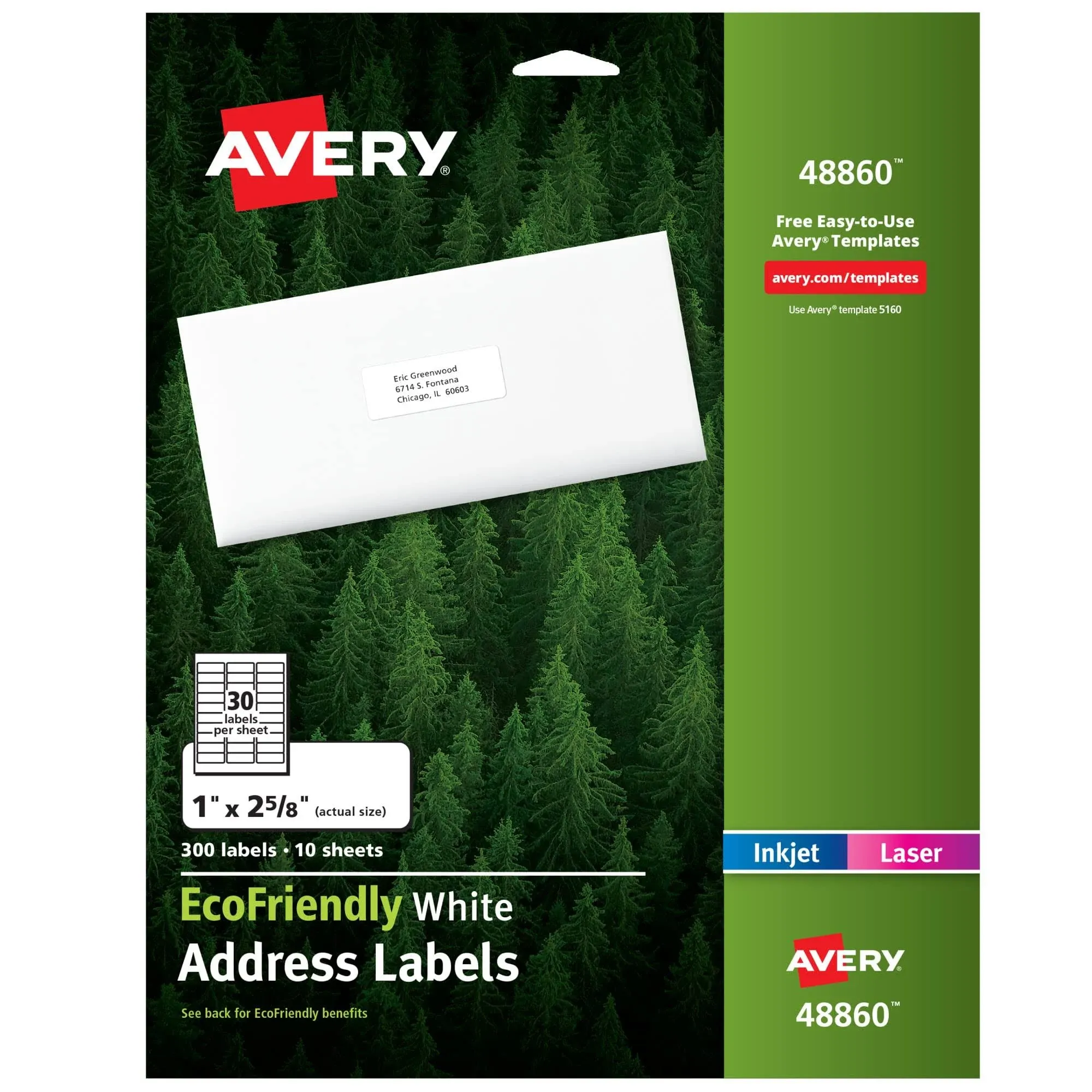 Avery EcoFriendly Laser/Inkjet Address Labels, 1" x 2-5/8", White, 30 Labels/Sheet, 25 Sheets/Pack (48160)