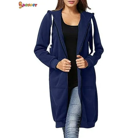 Spencer Women s Plus Size Long Fleece Hooded Coat Winter Warm Casual Pockets Jacket Zip Up Hoodies Sweatshirt Parka Overcoat 5XL Navy