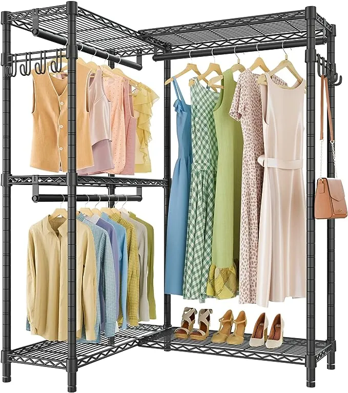 VIPEK L4 Garment Rack L Shaped Clothes Rack for Corner, Freestanding Portable Wardrobe Closet Heavy Duty Clothing Rack with 3 Hanging Rods & 2 Side Hooks, 43.3"Lx29.1"Wx76.4"H, Max Load 750LBS, White