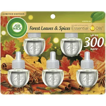 Air Wick Plug in Scented Oil Refill, 5ct, Forest Spice & Leaves, Fall Scent, Essential Oils, Air Freshener