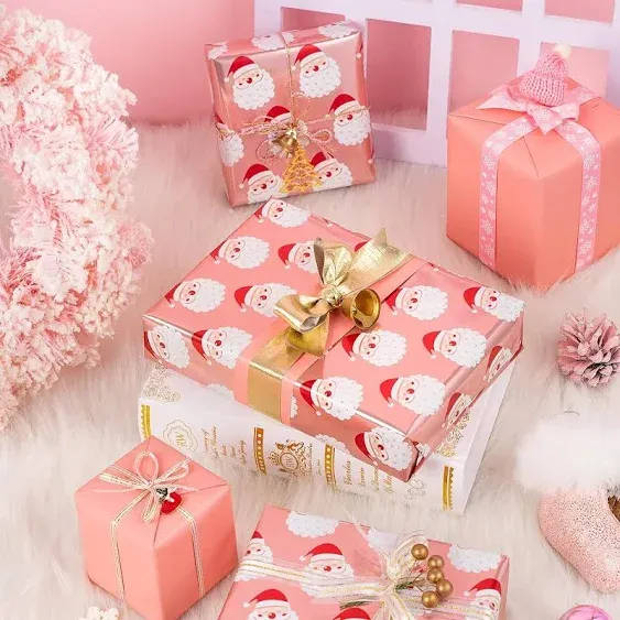 Reversible Christmas Wrapping Paper - Mini Roll - 17 Inch X 33 Feet - Rose Gold 