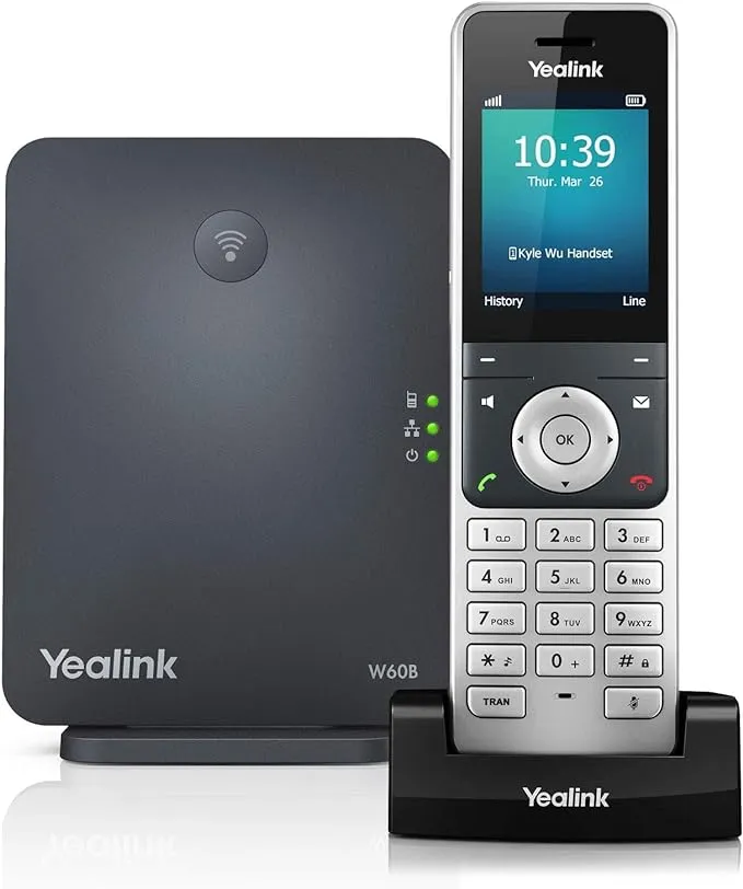 Yealink W60P Cordless DECT IP Phone and Base Station, 2.4-Inch Color Display. 10/100 Ethernet, 802.3af PoE, Power Adapter Included