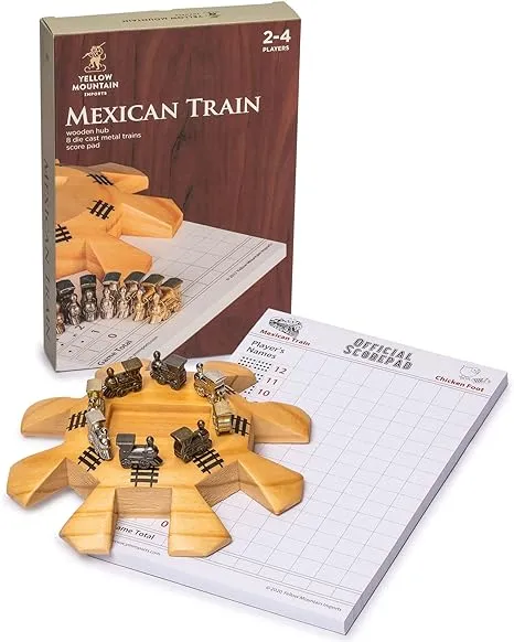 Yellow Mountain Imports Mexican Train Dominoes Accessory Set (5.8-Inch Wooden Hub Centerpiece, Die-Cast Metal Train Markers, and 60-Sheet Scorepad)