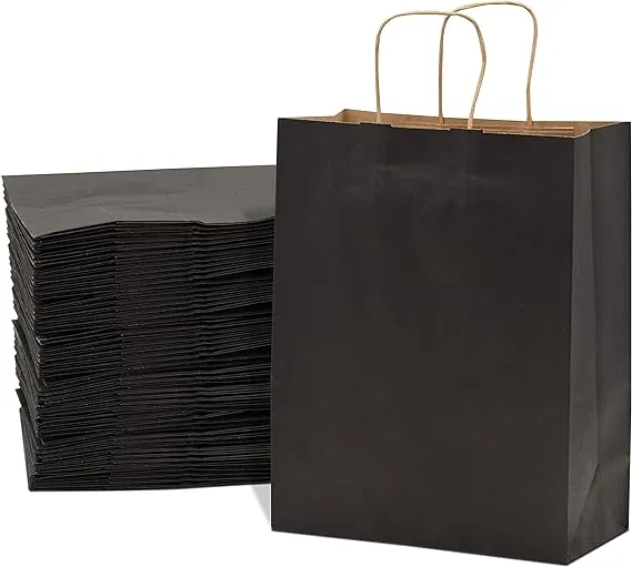 Black Gift Bags - 8x4x10 Inch 100 Pack Small Black Kraft Paper Shopping Bags with Handles, Plain Mini Totes for Small Business, Retail, Boutique Merchandise & Supplies, Birthday Party Gift Wrap, Bulk