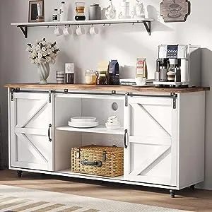 Farmhouse Coffee Bar Cabinet with Storage, 58’’ Kitchen Sideboard Buffet Storage Cabinet with Sliding Barn Door, White Coffee Bar with Adjustable Shelves, Buffet Table for Living Dining Room