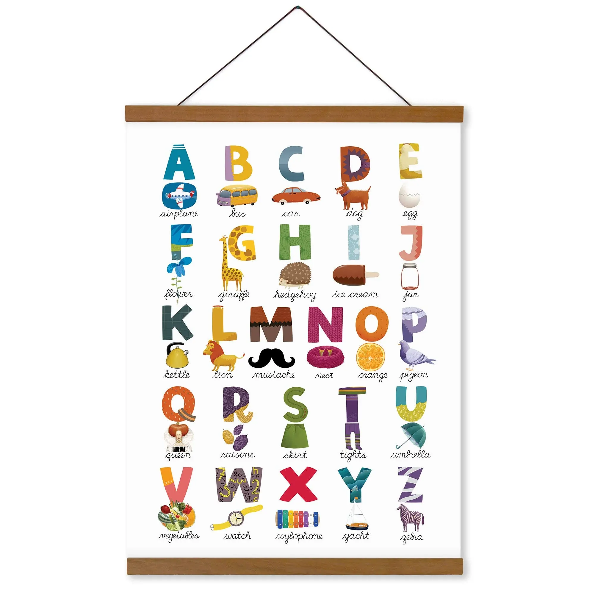 Alphabet Wall Décor for Toddlers, Kids - Colorful Alphabet Chart 16x22 inch - ABC Poster Illustrated on Linen Canvas - Teak Wooden Poster Hanger - Cute Learning Posters for Preschool Classroom