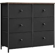 SONGMICS Bedroom, Chest 6 Drawer, Closet Fabric Dresser with Metal Frame, 11.8”D x 31.5”W x 27.1”H, Black and Rustic Brown