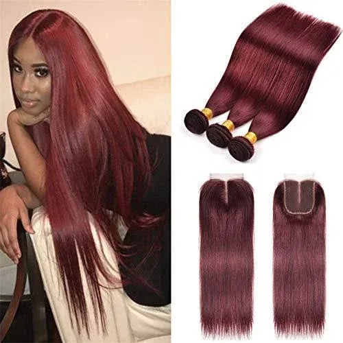 Straight Hair 8A Brazilian Virgin Hair 99j Burgundy Straight Hair 100% Unprocessed Human Hair Weaves 3 Bundles with Lace Closure 4x4 Free Part Red Wine Color Weft Weaves (18 20 22 with 18C, 99j/burgundy/wine red)…