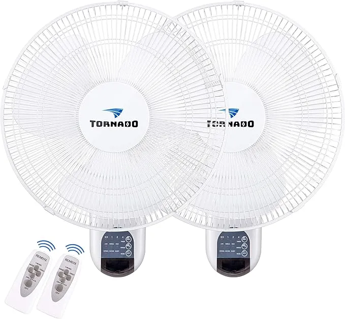 Tornado 2 Pack 16 Inch Oscillating Wall Mount Fan Remote Control Included 3 Speed 2650 CFM 6 FT Cord UL Safety Listed