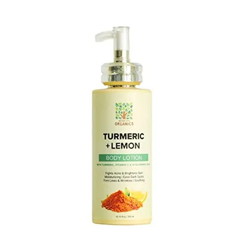 Motor City Organics' Turmeric Lemon Body Lotion - Natural Brightening & Firming Lotion. No Stain & Clean Scent. For All Skin Types | Made with Turmeric, Vitamin C and Hyaluronic Acid - 10.15 Oz Bottle