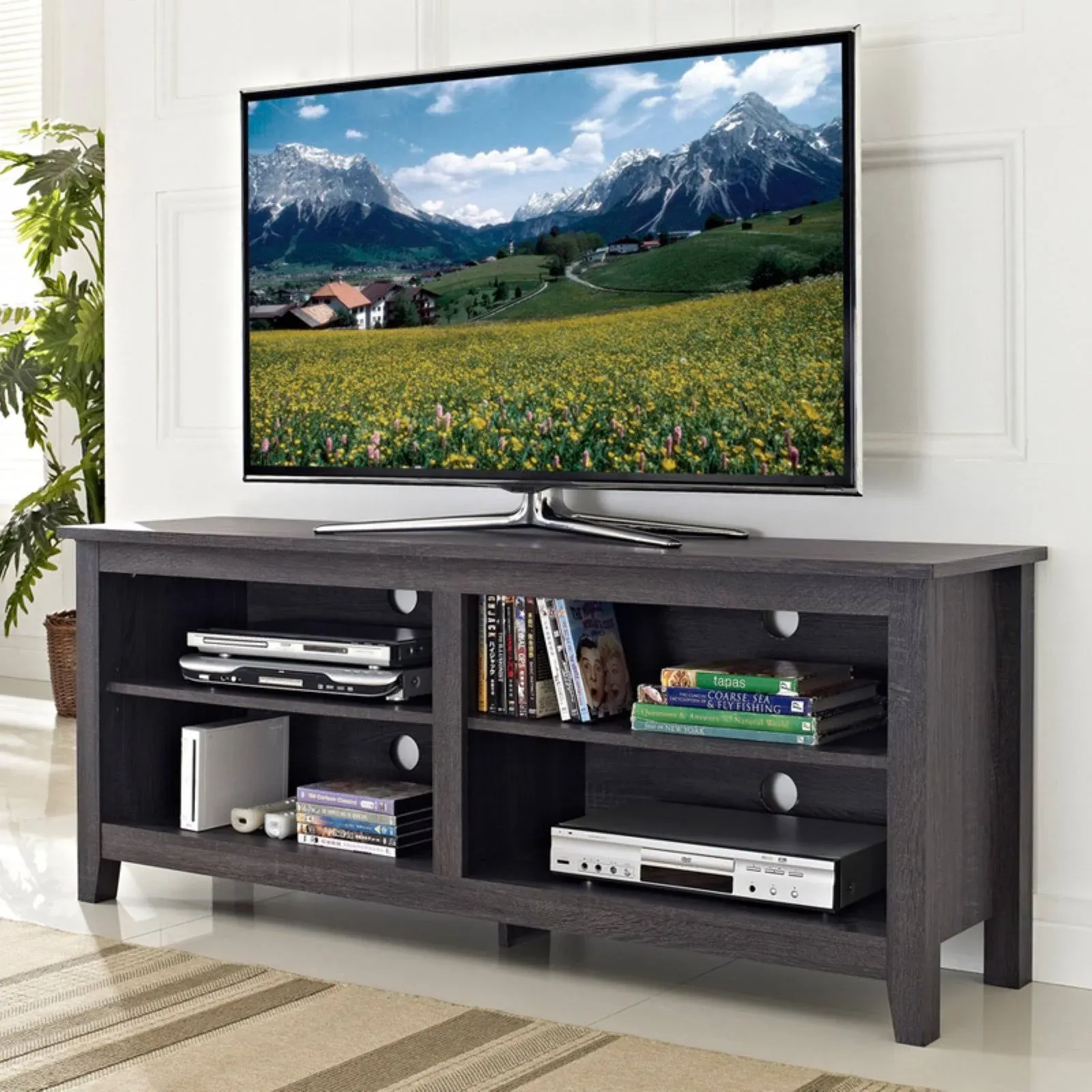 Walker Edison Wren Classic 4 Cubby Fireplace TV Stand for TVs up to 80 Inches, 70 Inch, Black