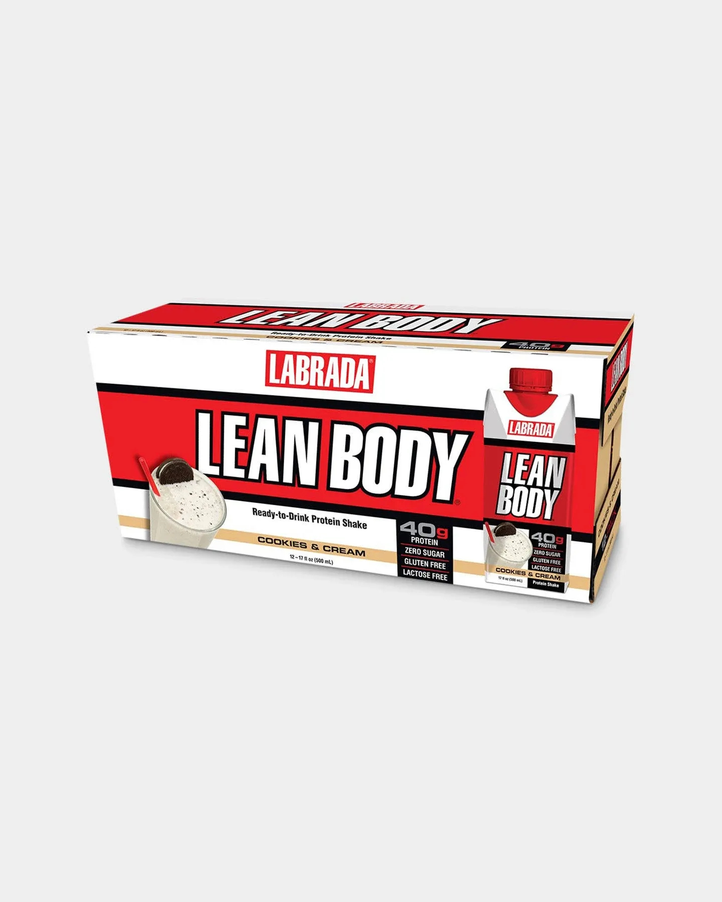 Lean Body Ready-to-Drink Cookies and Cream Protein Shake, 40g Protein, Whey Blend , 0 Sugar, Gluten No, 22 Vitamins & Minerals, (Recyclable Carton & Lid - Pack of 12) LABRADA , 17 Fl Oz (Pack of 12)