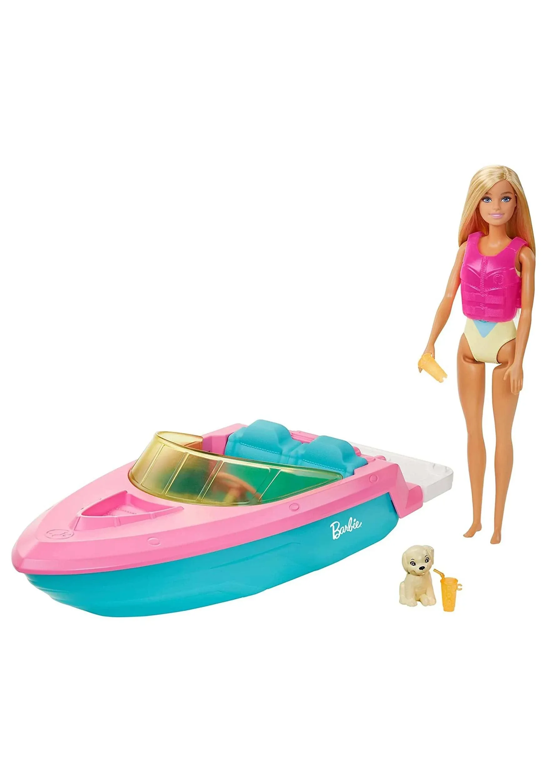 Barbie Doll & Toy Boat Playset with Pet Puppy, Life Vest & Beverage Accessories, Fits 3 Dolls & Floats in Water