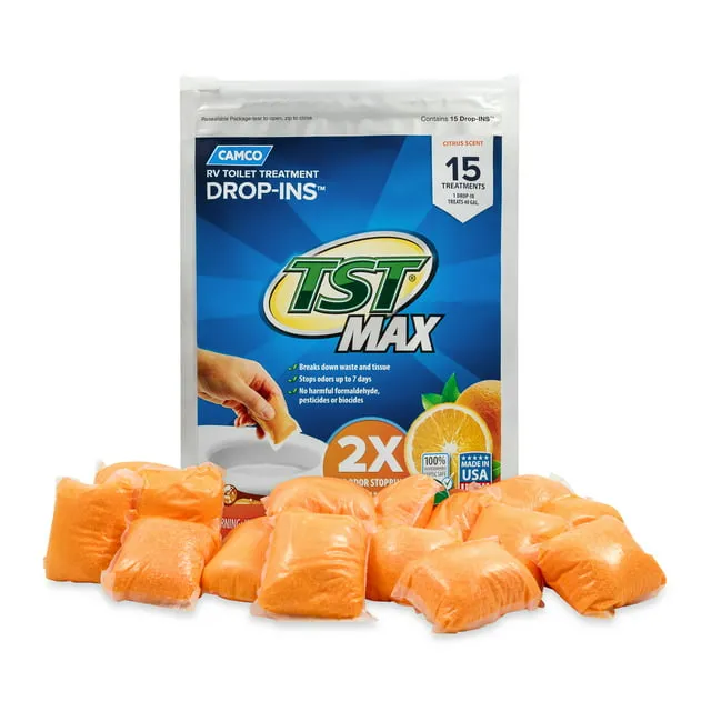 Camco TST MAX Camper/RV Toilet Treatment Drop-INs | Control Unwanted Odors and Break Down Waste and Tissue | Safe Septic Tank Treatment | Orange Scent | 15-Pack (41189)Camco TST MAX Camper/RV Toilet Treatment Drop-INs |…