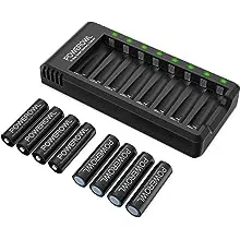 Rechargeable AA Batteries with Charger, POWEROWL 8 Pack of 2800mAh High Capacity Low Self Discharge Ni-MH Double A Batteries with Smart 8 Bay Battery Charger (USB Fast Charging, Independent Slot)